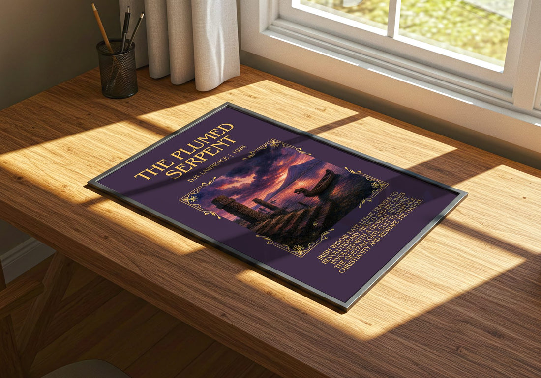 The Plumed Serpent Minimalist Book Poster by D.H. Lawrence – print on a sunlit desk