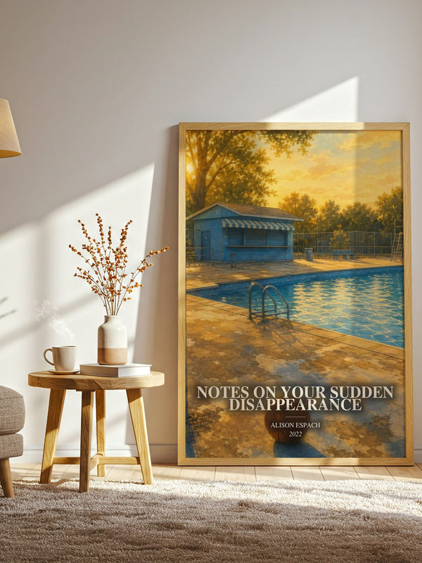 Notes On Your Sudden Disappearance watercolour print in frame leaning in hallway – contemporary fiction wall art