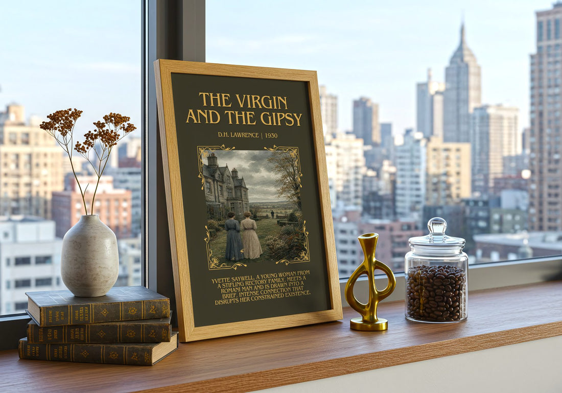 The Virgin And The Gipsy Minimalist Book Poster by D.H. Lawrence – framed print on a city-view windowsill