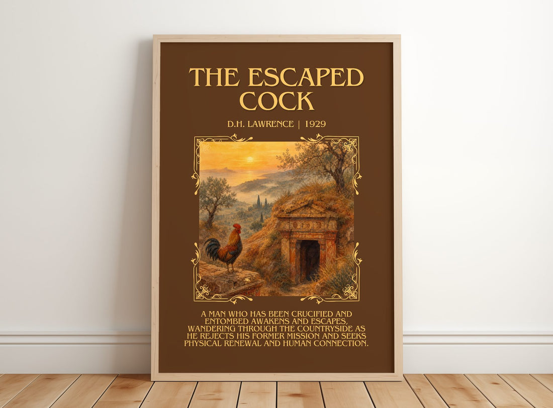 The Escaped Cock Minimalist Book Poster by D.H. Lawrence – framed print leaning on a wooden floor