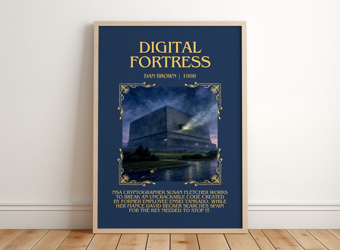 Digital Fortress Minimalist Book Poster by Dan Brown – framed print leaning on a wooden floor