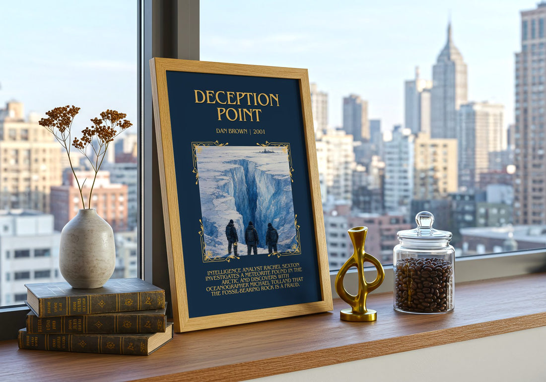 Deception Point Minimalist Book Poster by Dan Brown – framed print on a city-view windowsill