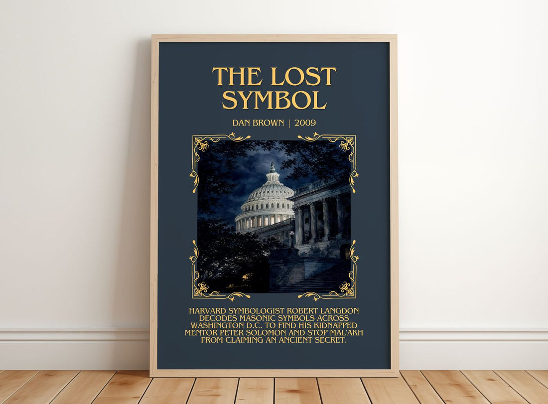 The Lost Symbol Minimalist Book Poster by Dan Brown – framed print leaning on a wooden floor