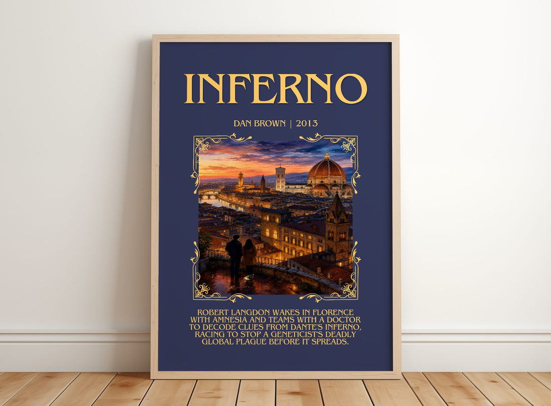 Inferno Minimalist Book Poster by Dan Brown – framed print leaning on a wooden floor