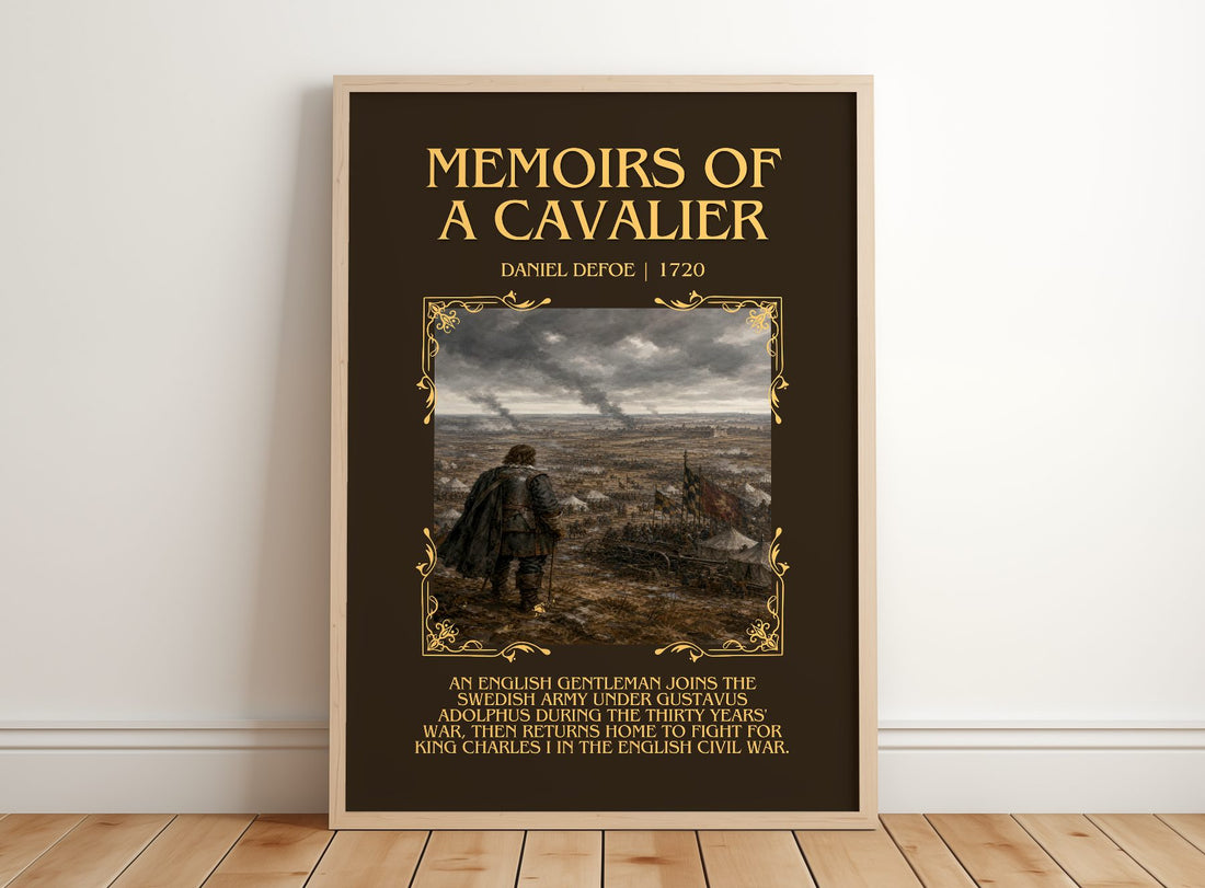 Memoirs Of A Cavalier Minimalist Book Poster by Daniel Defoe – framed print leaning on a wooden floor