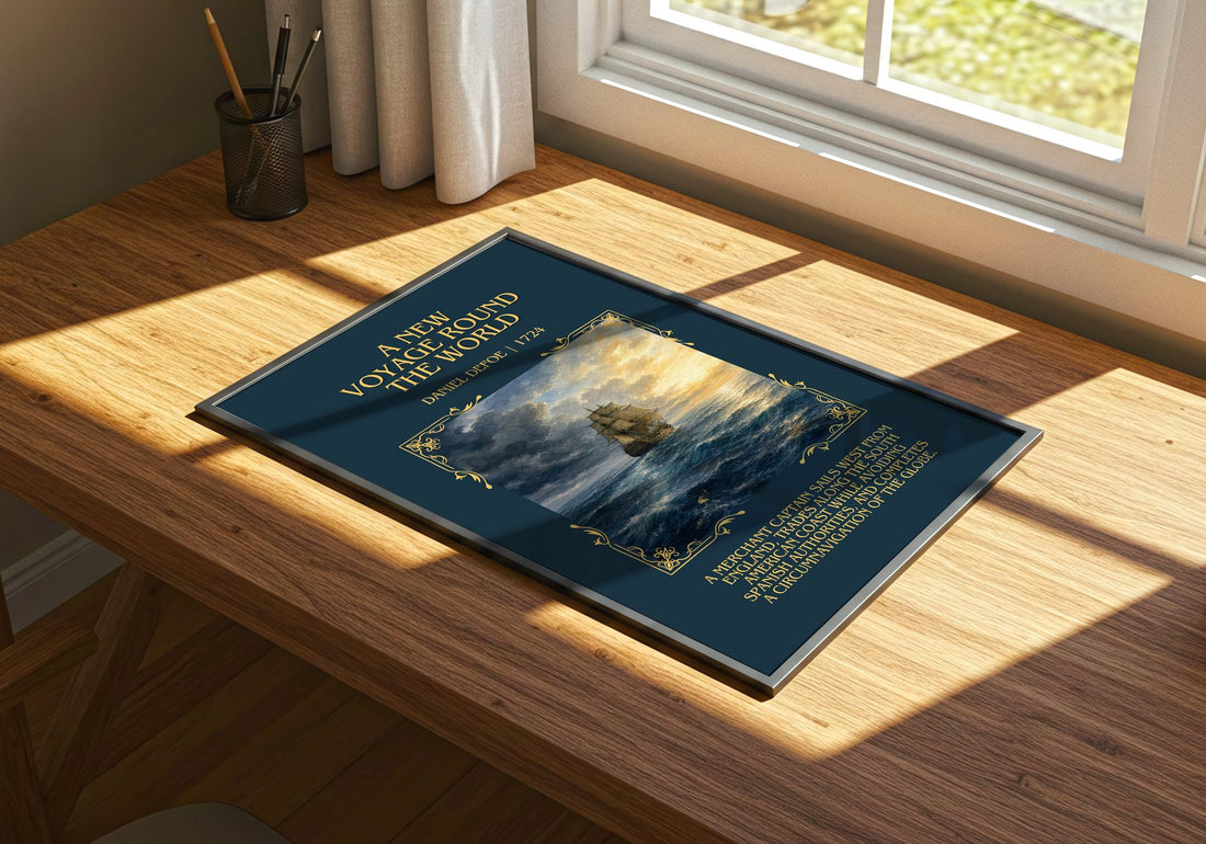 A New Voyage Round The World Minimalist Book Poster by Daniel Defoe – print on a sunlit desk