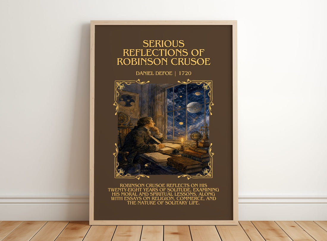 Serious Reflections Of Robinson Crusoe Minimalist Book Poster – framed print leaning on a wooden floor