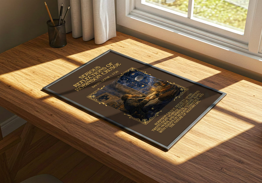 Serious Reflections Of Robinson Crusoe Minimalist Book Poster – print on a sunlit desk
