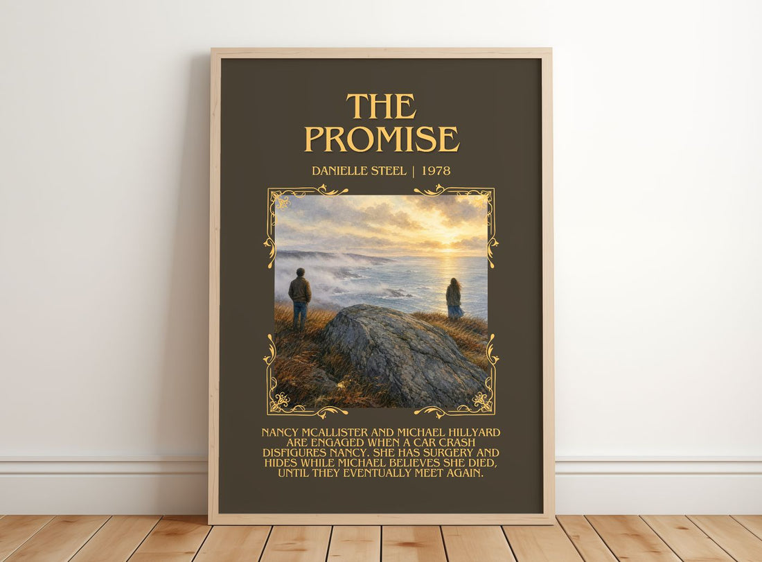 The Promise Minimalist Book Poster by Danielle Steel – framed print leaning on a wooden floor