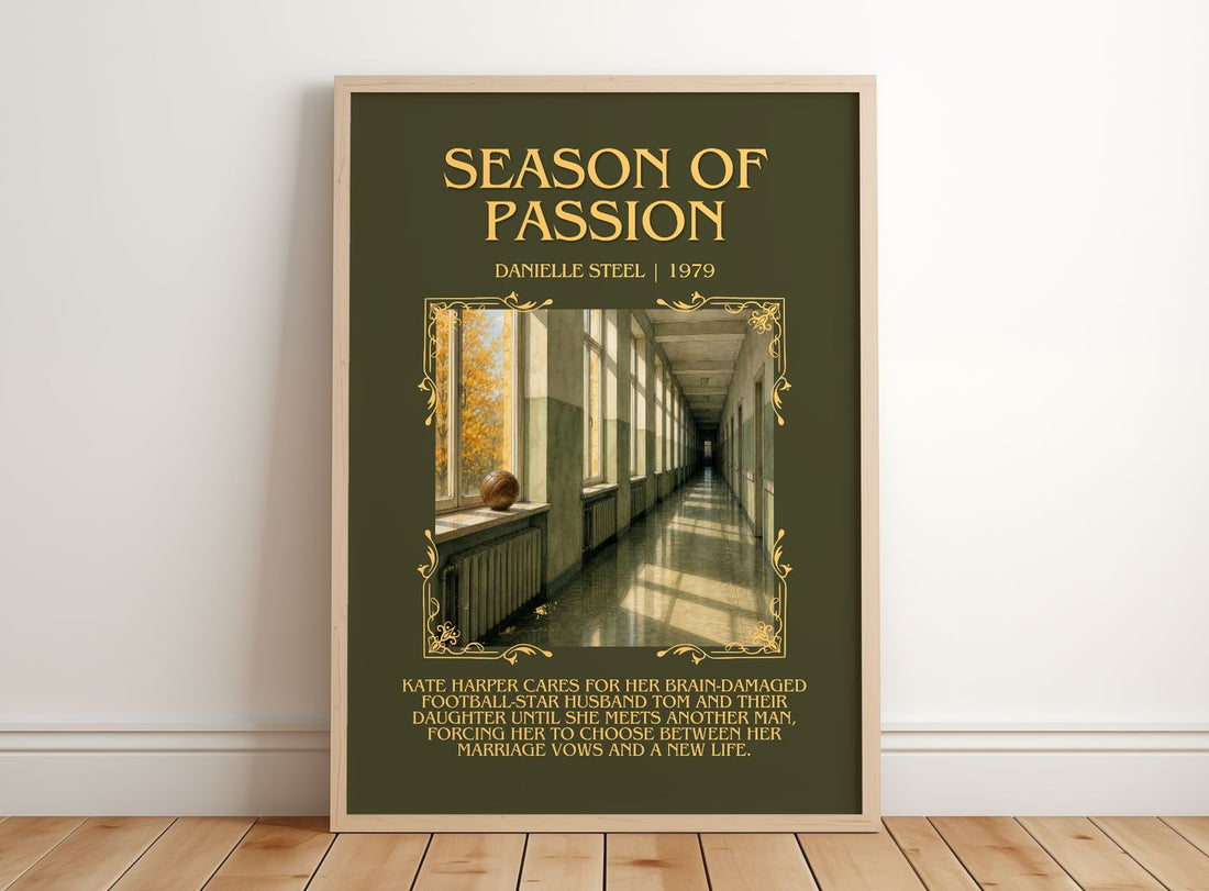 Season Of Passion Minimalist Book Poster by Danielle Steel – framed print leaning on a wooden floor