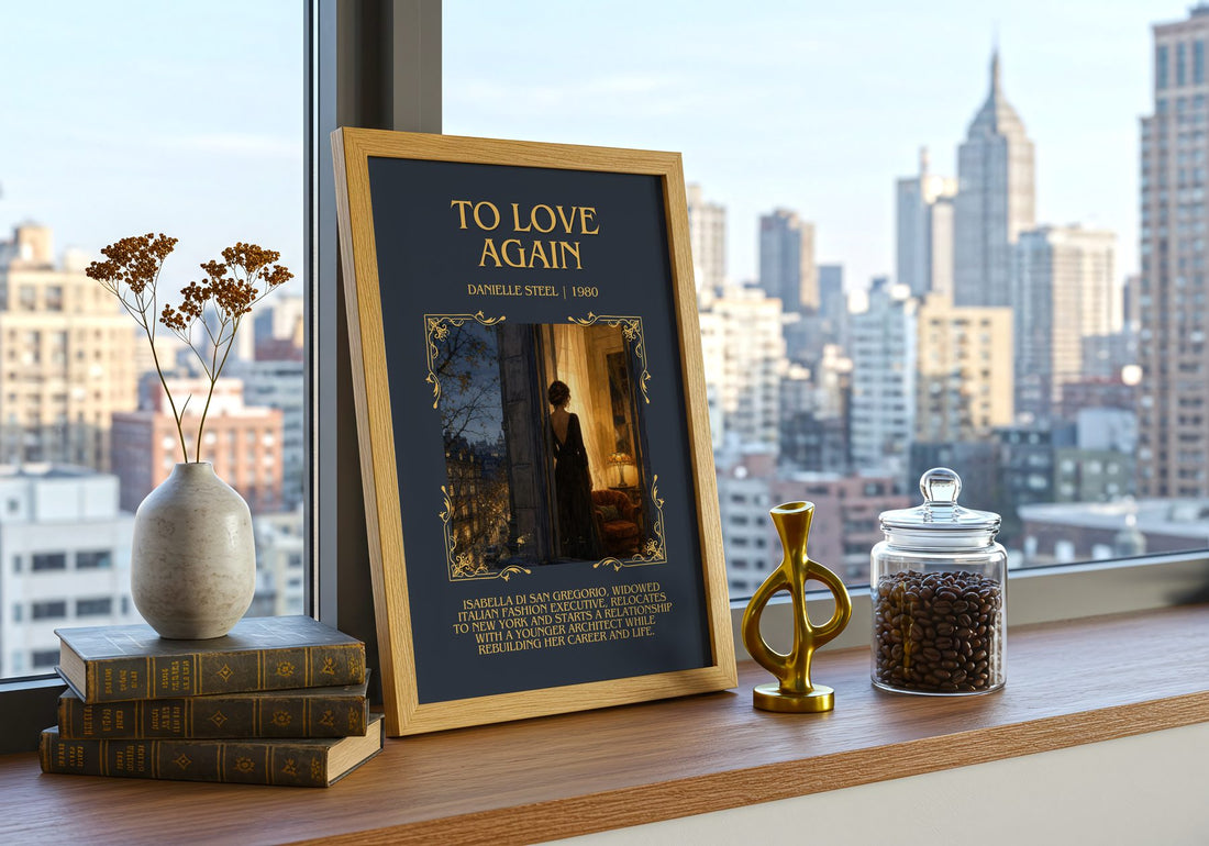To Love Again Minimalist Book Poster by Danielle Steel – framed print on a city-view windowsill
