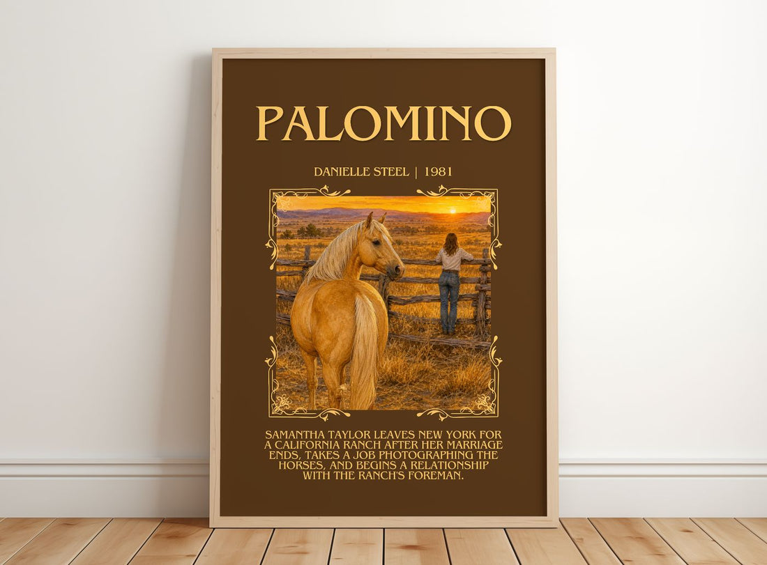 Palomino Minimalist Book Poster by Danielle Steel – framed print leaning on a wooden floor