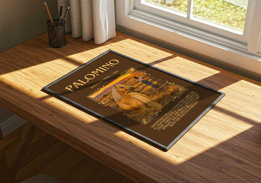 Palomino Minimalist Book Poster by Danielle Steel – print on a sunlit desk