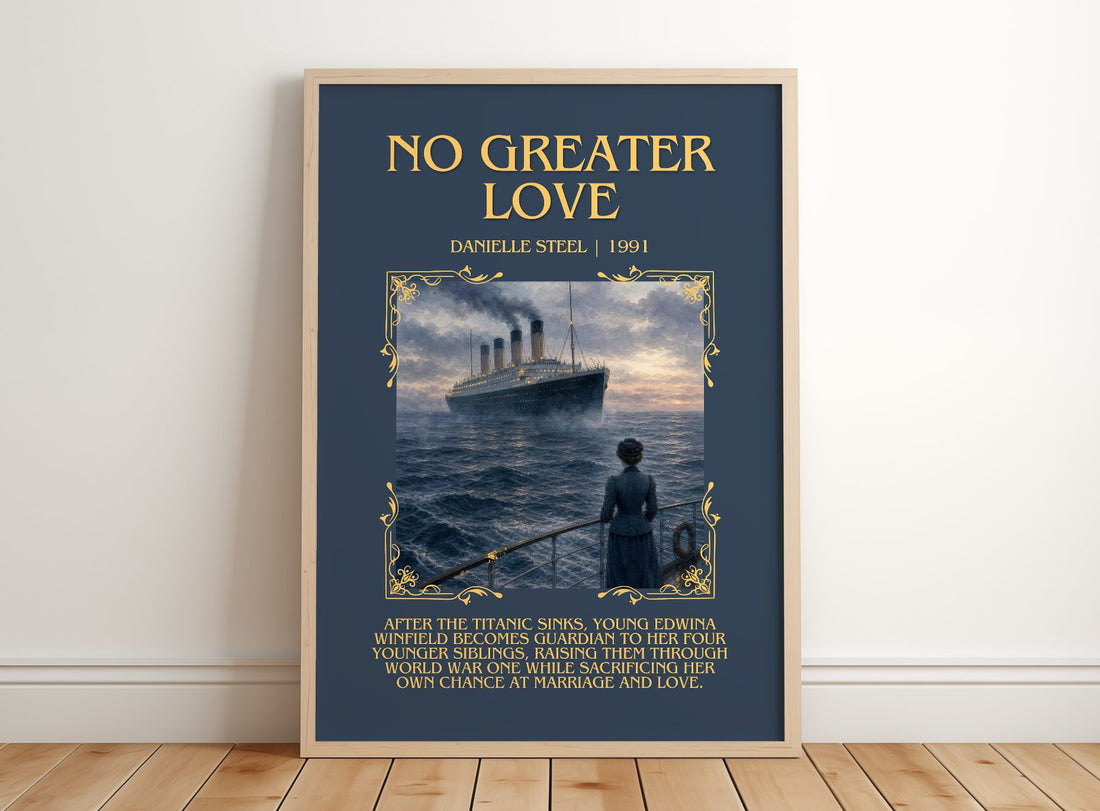 No Greater Love Minimalist Book Poster by Danielle Steel – framed print leaning on a wooden floor