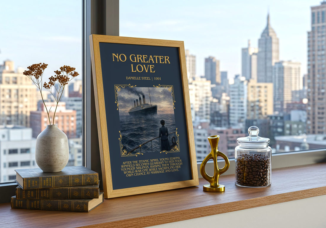 No Greater Love Minimalist Book Poster by Danielle Steel – framed print on a city-view windowsill