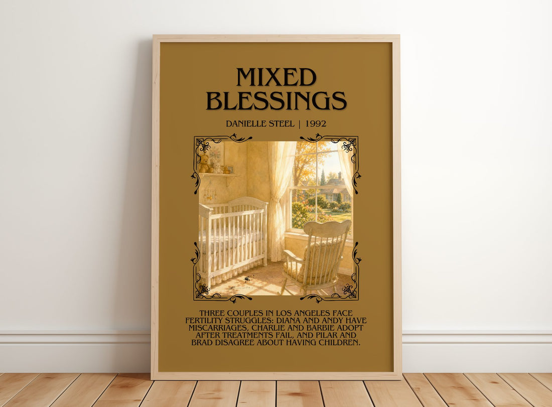 Mixed Blessings Minimalist Book Poster by Danielle Steel – framed print leaning on a wooden floor