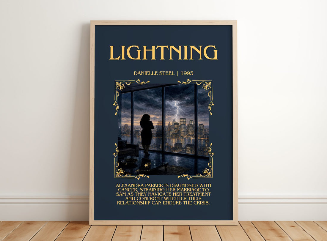Lightning Minimalist Book Poster by Danielle Steel – framed print leaning on a wooden floor