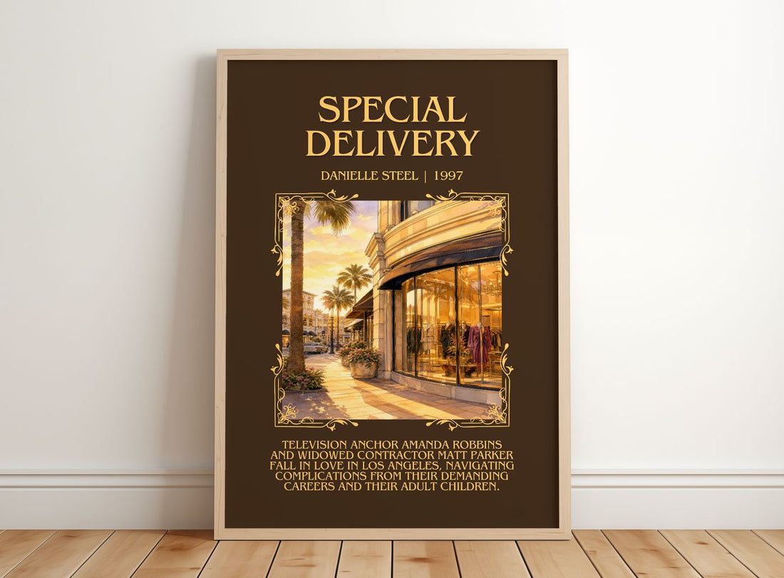 Special Delivery Minimalist Book Poster by Danielle Steel – framed print leaning on a wooden floor