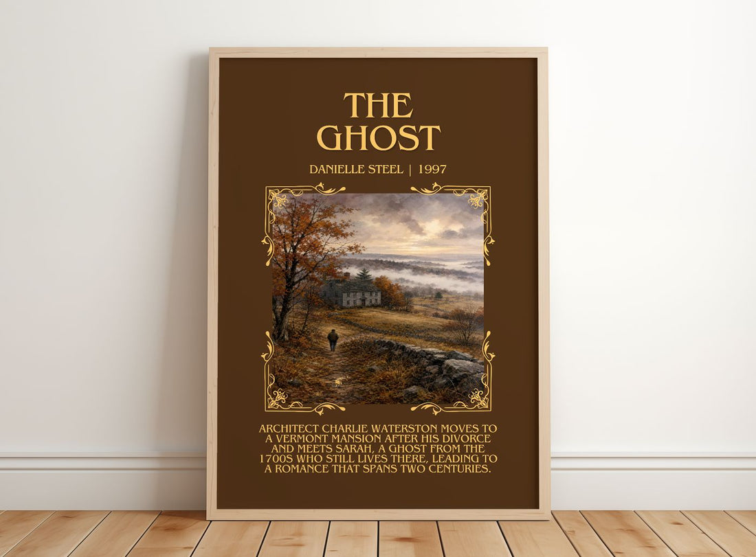 The Ghost Minimalist Book Poster by Danielle Steel – framed print leaning on a wooden floor
