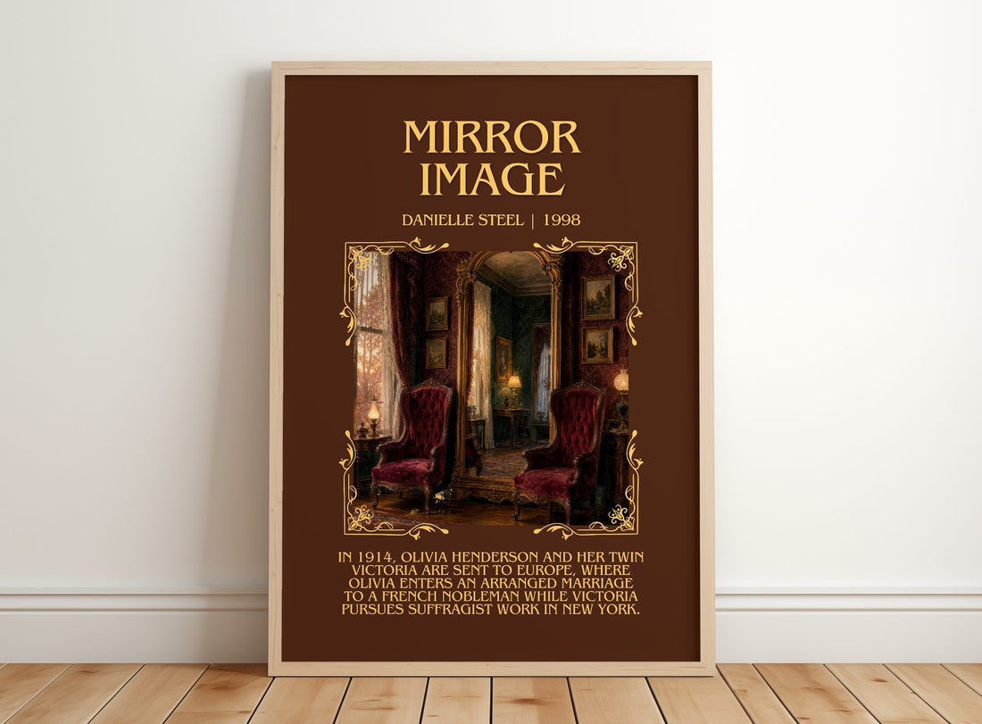 Mirror Image Minimalist Book Poster by Danielle Steel – framed print leaning on a wooden floor