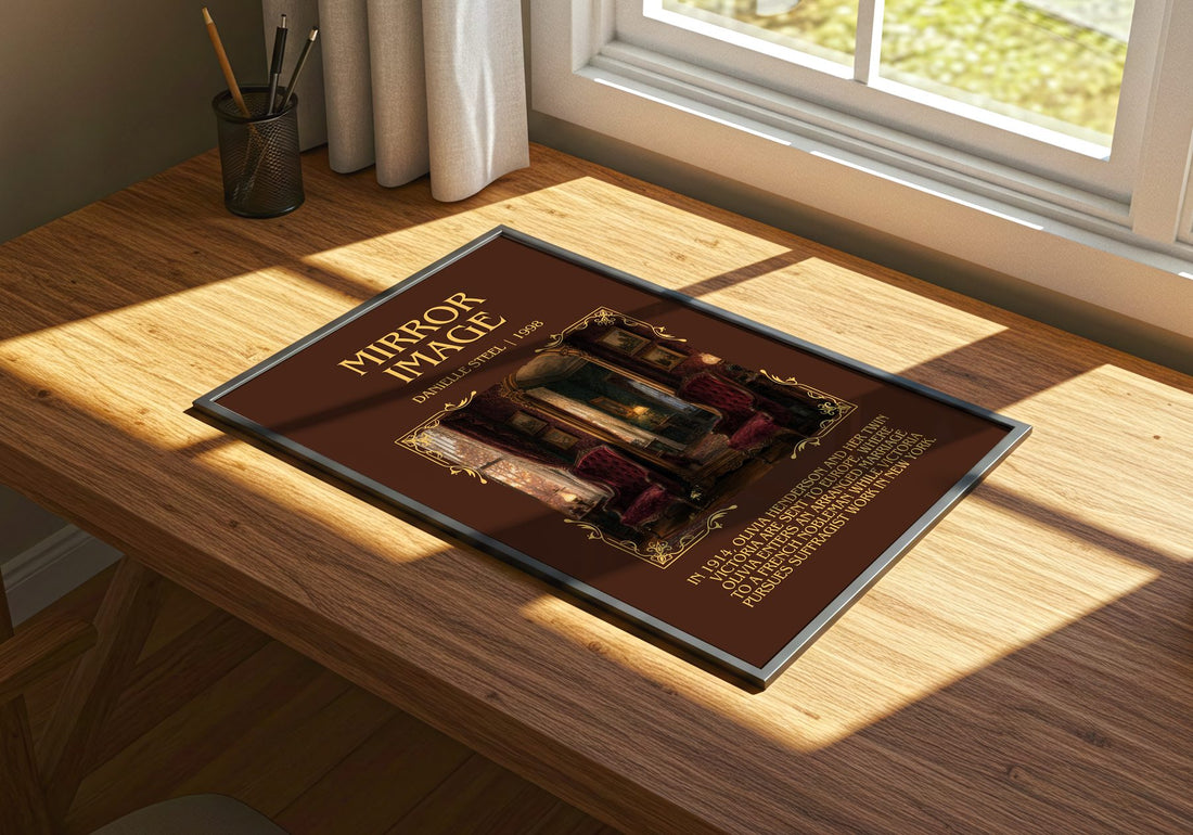 Mirror Image Minimalist Book Poster by Danielle Steel – print on a sunlit desk