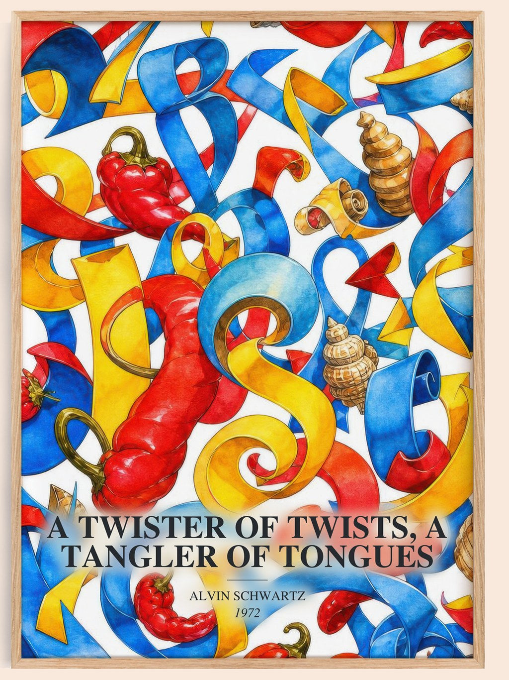 A Twister Of Twists, A Tangler Of Tongues watercolour book poster by Alvin Schwartz – framed literary art print