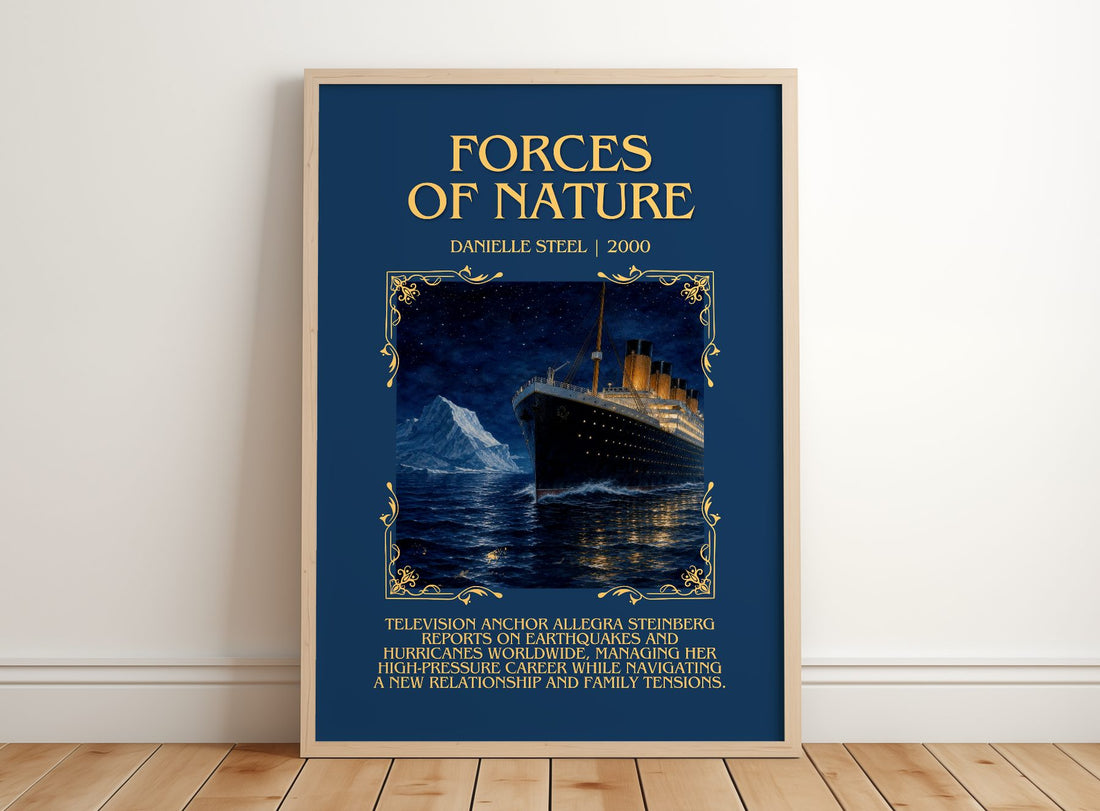 Forces Of Nature Minimalist Book Poster by Danielle Steel – framed print leaning on a wooden floor