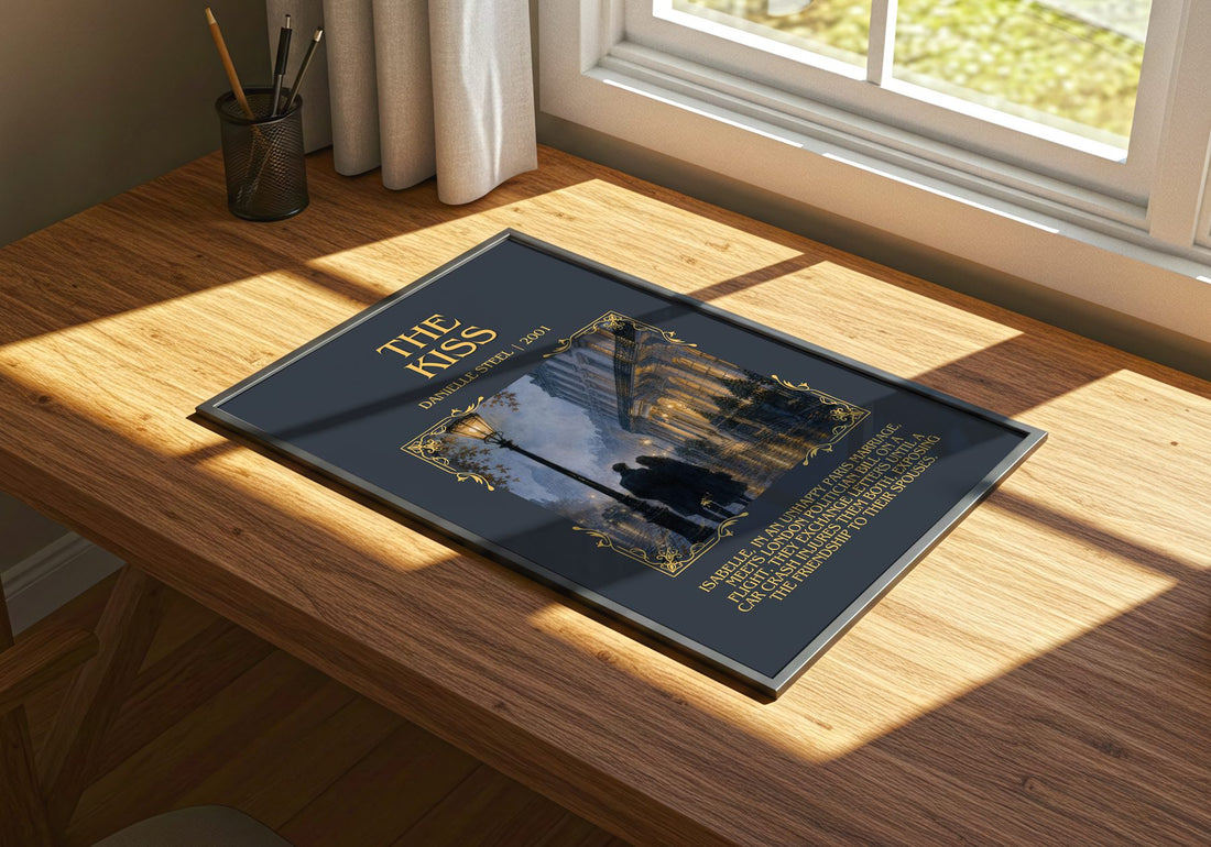 The Kiss Minimalist Book Poster by Danielle Steel – print on a sunlit desk