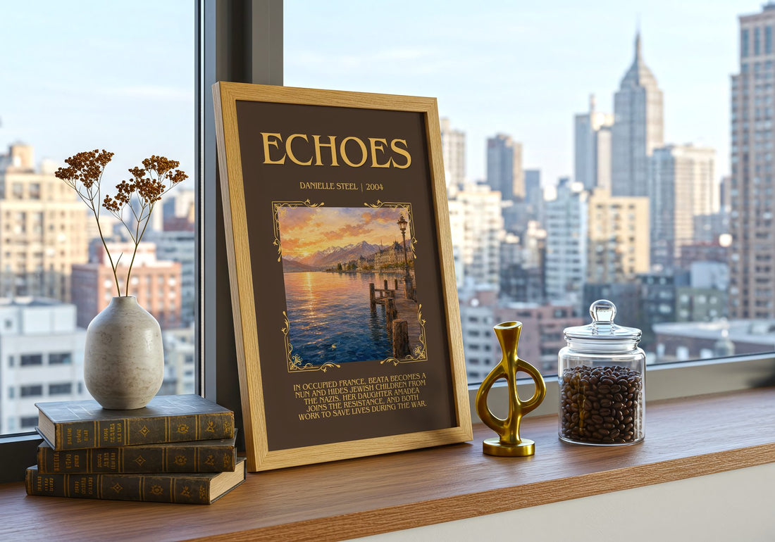 Echoes Minimalist Book Poster by Danielle Steel – framed print on a city-view windowsill