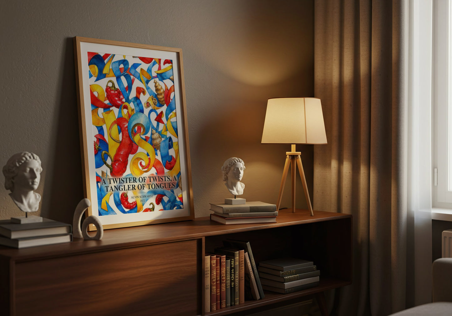 A Twister Of Twists, A Tangler Of Tongues watercolour print on bookshelf – Alvin Schwartz fan gift