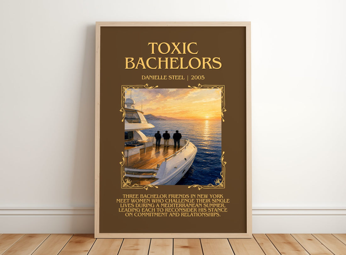 Toxic Bachelors Minimalist Book Poster by Danielle Steel – framed print leaning on a wooden floor