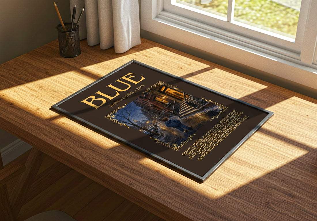 Blue Minimalist Book Poster by Danielle Steel – print on a sunlit desk
