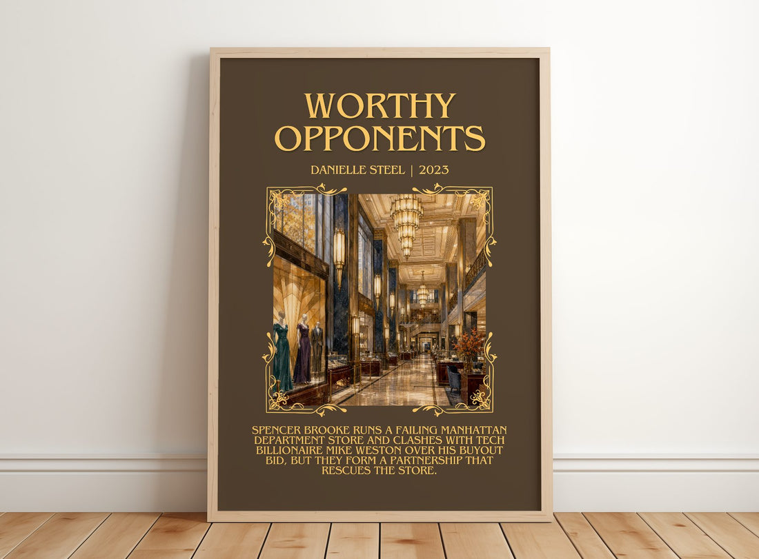 Worthy Opponents Minimalist Book Poster by Danielle Steel – framed print leaning on a wooden floor