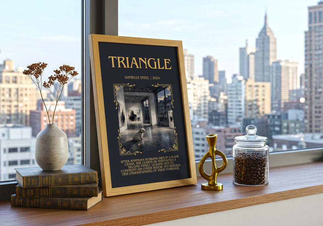 Triangle Minimalist Book Poster by Danielle Steel – framed print on a city-view windowsill