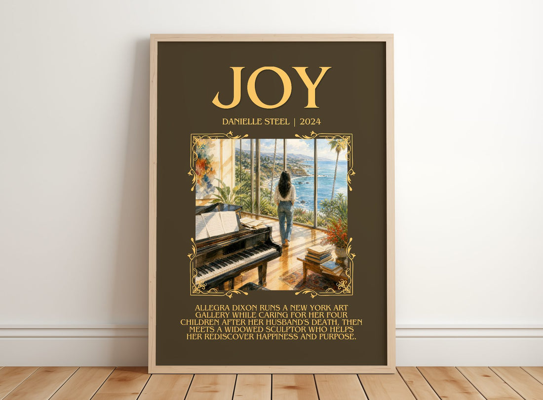 Joy Minimalist Book Poster by Danielle Steel – framed print leaning on a wooden floor