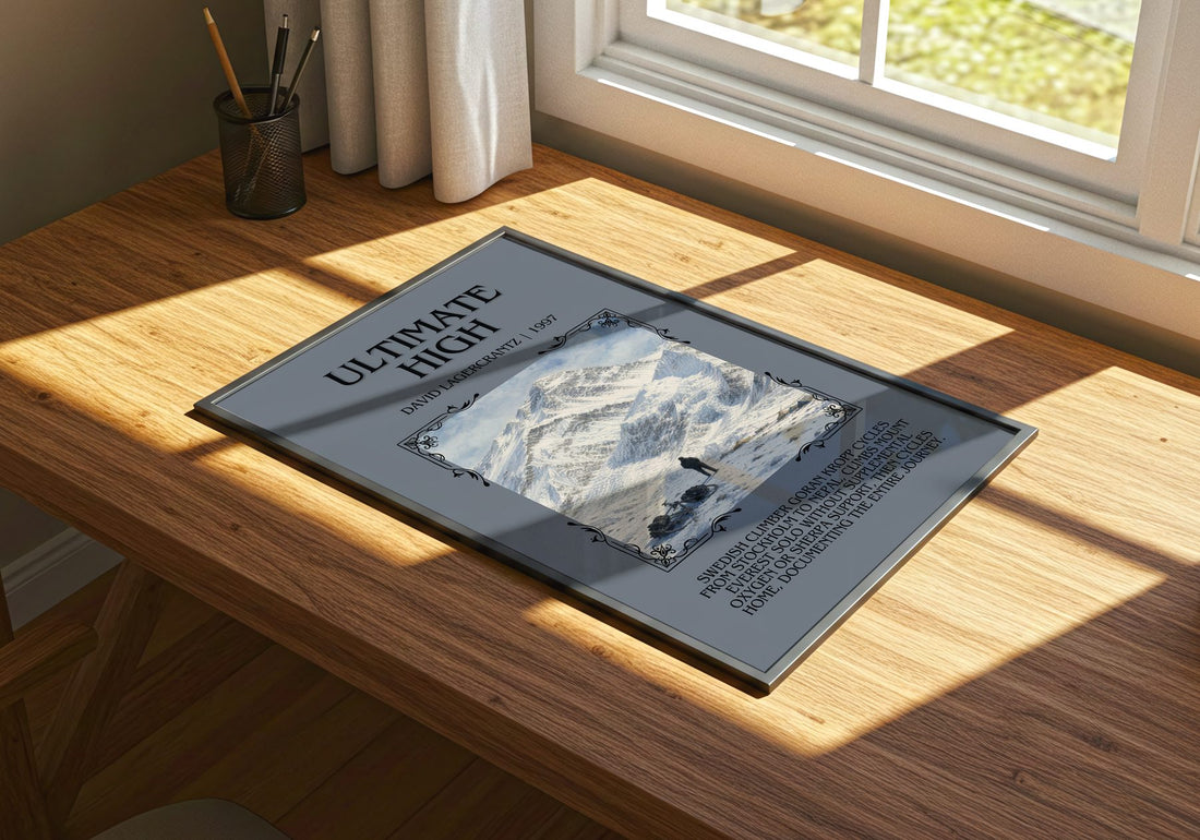 Ultimate High Minimalist Book Poster by David Lagercrantz – print on a sunlit desk