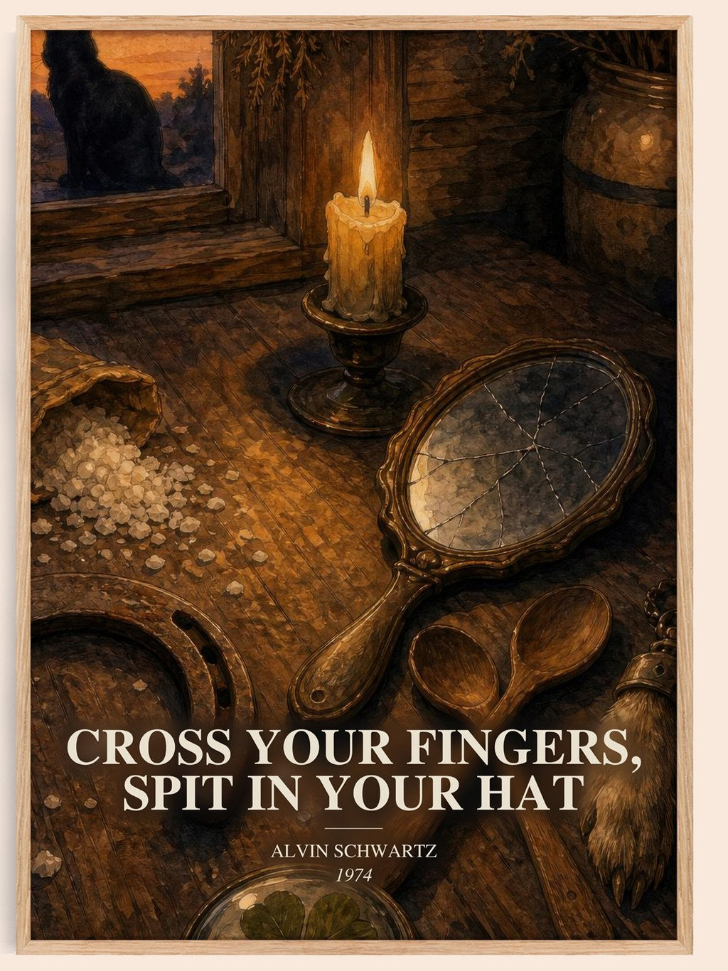 Cross Your Fingers, Spit In Your Hat watercolour book poster by Alvin Schwartz – framed literary art print