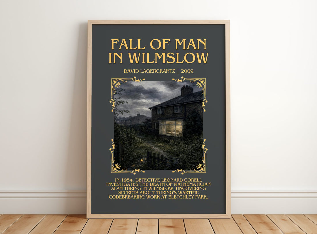 Fall Of Man In Wilmslow Minimalist Book Poster by David Lagercrantz – framed print leaning on a wooden floor