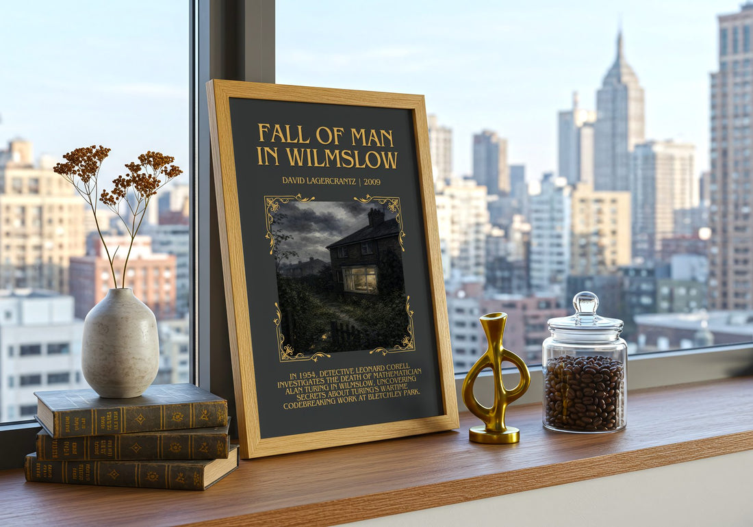 Fall Of Man In Wilmslow Minimalist Book Poster by David Lagercrantz – framed print on a city-view windowsill
