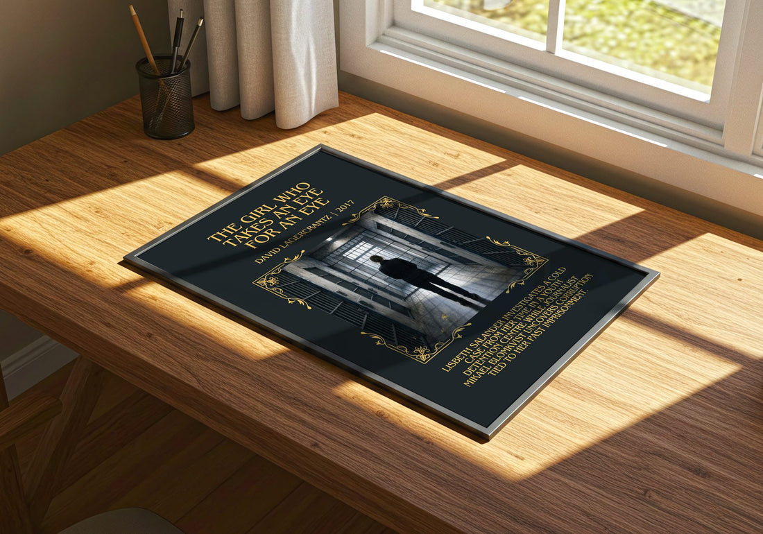 Girl Who Takes An Eye For An Eye Minimalist Book Poster – print on a sunlit desk
