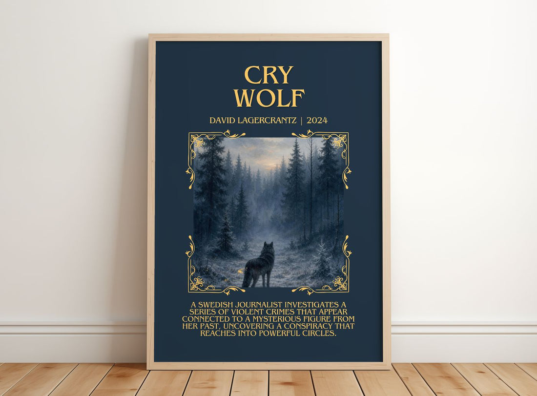 Cry Wolf Minimalist Book Poster by David Lagercrantz – framed print leaning on a wooden floor