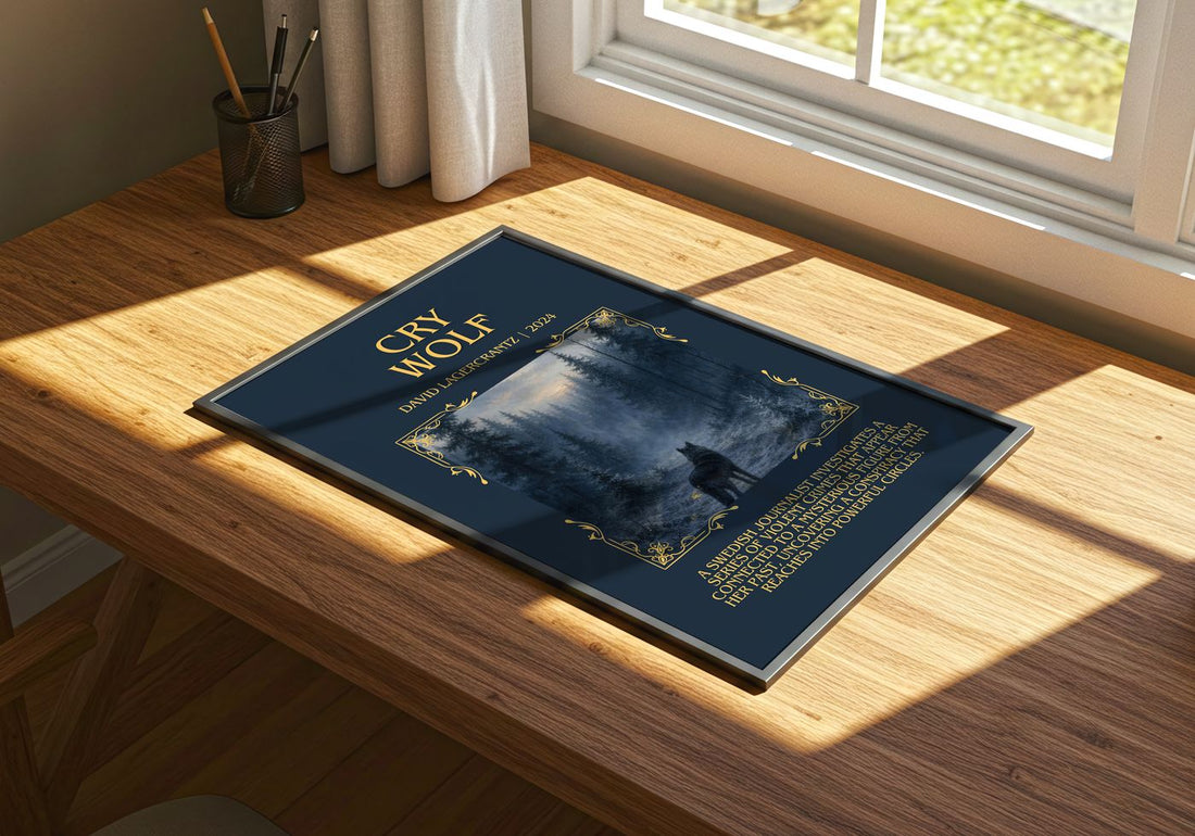 Cry Wolf Minimalist Book Poster by David Lagercrantz – print on a sunlit desk