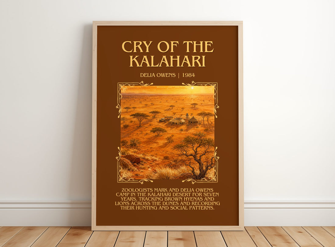 Cry Of The Kalahari Minimalist Book Poster by Delia Owens – framed print leaning on a wooden floor