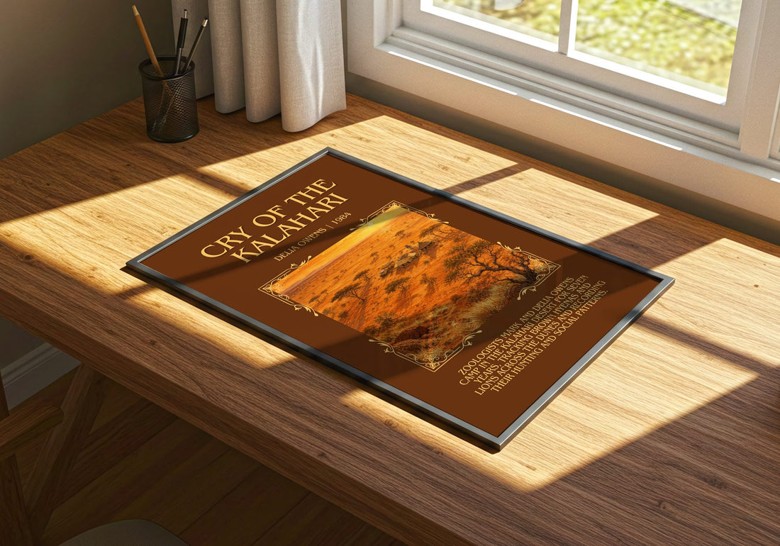 Cry Of The Kalahari Minimalist Book Poster by Delia Owens – print on a sunlit desk