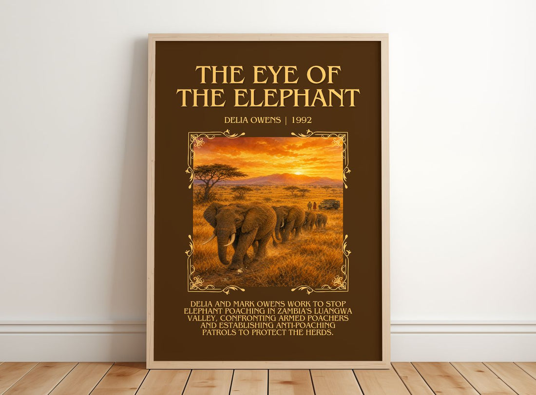 The Eye Of The Elephant Minimalist Book Poster by Delia Owens – framed print leaning on a wooden floor