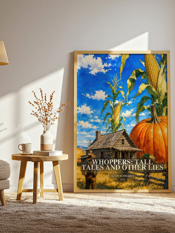 Whoppers: Tall Tales And Other Lies watercolour print in frame leaning in hallway – childrens wall art