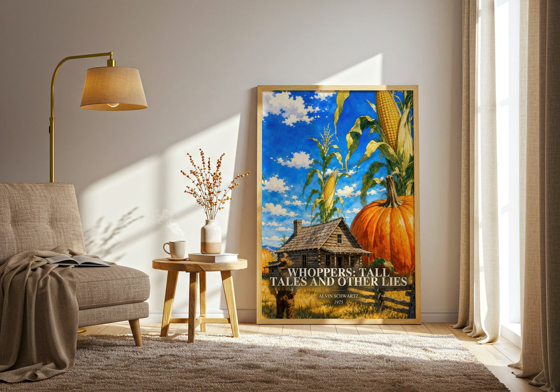 Whoppers: Tall Tales And Other Lies watercolour print in frame leaning in hallway – childrens wall art (mockup)