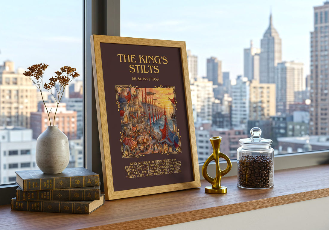 The King'S Stilts Minimalist Book Poster by Dr. Seuss – framed print on a city-view windowsill