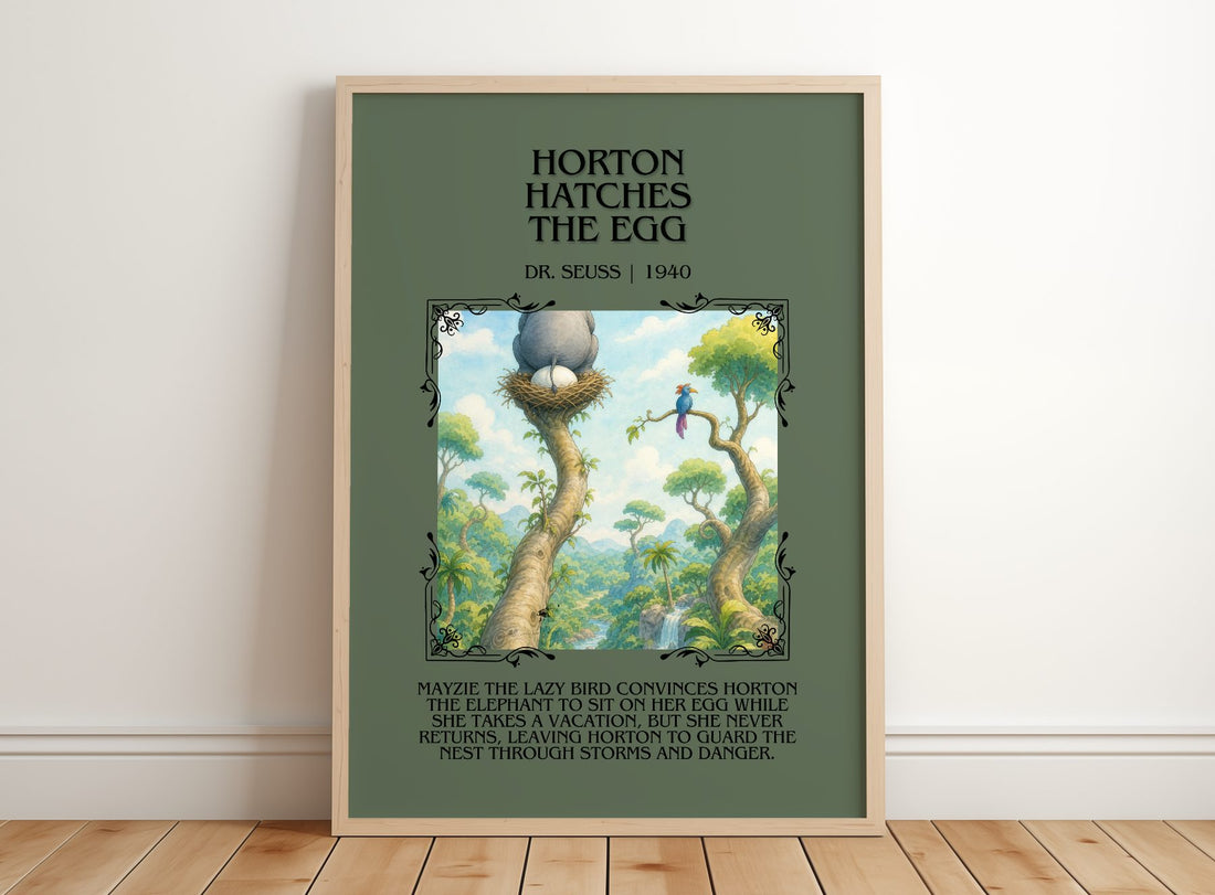 Horton Hatches The Egg Minimalist Book Poster by Dr. Seuss – framed print leaning on a wooden floor