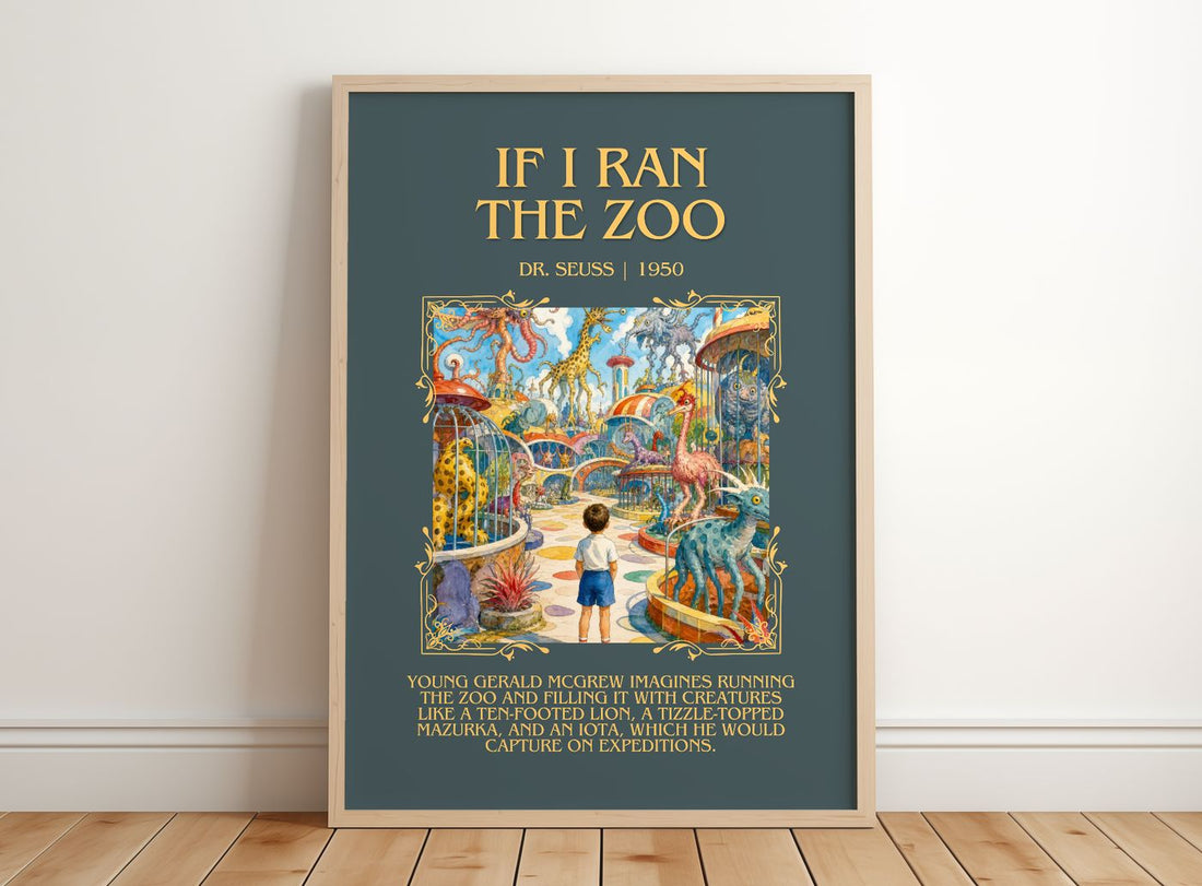 If I Ran The Zoo Minimalist Book Poster by Dr. Seuss – framed print leaning on a wooden floor